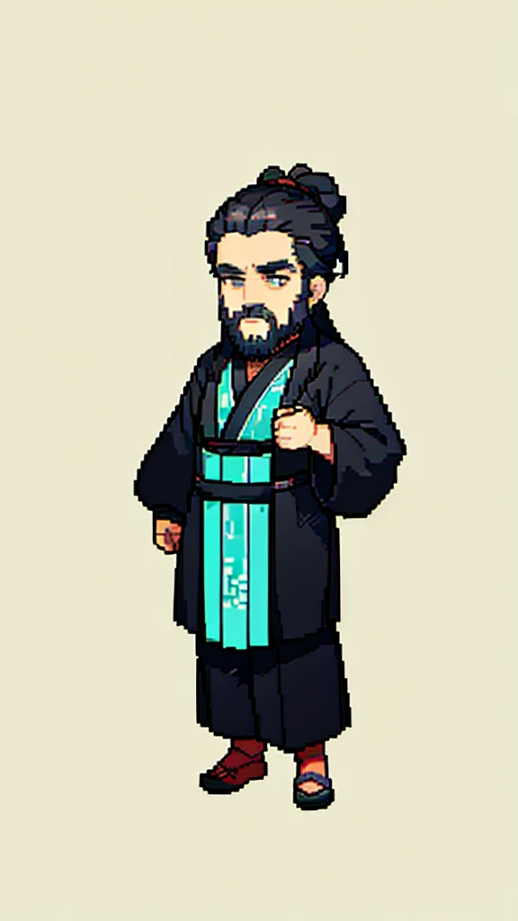 Old man in ancient Chinese costume、Wise Old Man、Looking into the camera、His hair is tied in a bun、Only one topknot、Long sleeve、Hanfu、Black Hair、Stand and pose、Pixel art、(masterpiece, highest quality, highest quality), pixel,pixel art,whole body,Characters in Romance of the Three Kingdoms、Transform、(beard)、Short Deformation、Old man with long beard