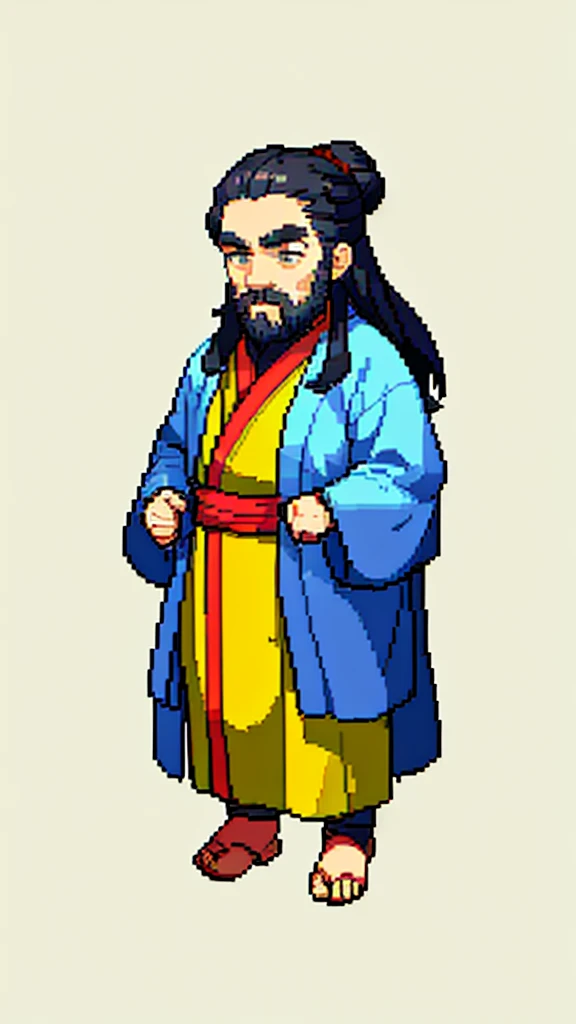 Old man in ancient Chinese costume、Wise Old Man、Looking into the camera、His hair is tied in a bun、Only one topknot、Long sleeve、Hanfu、Black Hair、Stand and pose、Pixel art、(masterpiece, highest quality, highest quality), pixel,pixel art,whole body,Characters in Romance of the Three Kingdoms、Transform、(beard)、Short Deformation、Old man with long beard