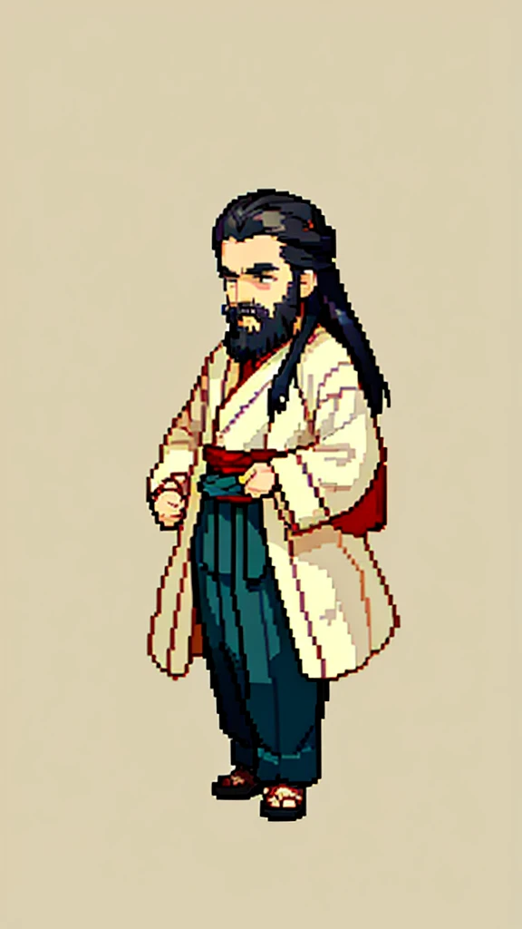 Old man in ancient Chinese costume、Wise Old Man、Looking into the camera、His hair is tied in a bun、Only one topknot、Long sleeve、Hanfu、Black Hair、Stand and pose、Pixel art、(masterpiece, highest quality, highest quality), pixel,pixel art,whole body,Characters in Romance of the Three Kingdoms、Transform、(beard)、Short Deformation、Old man with long beard