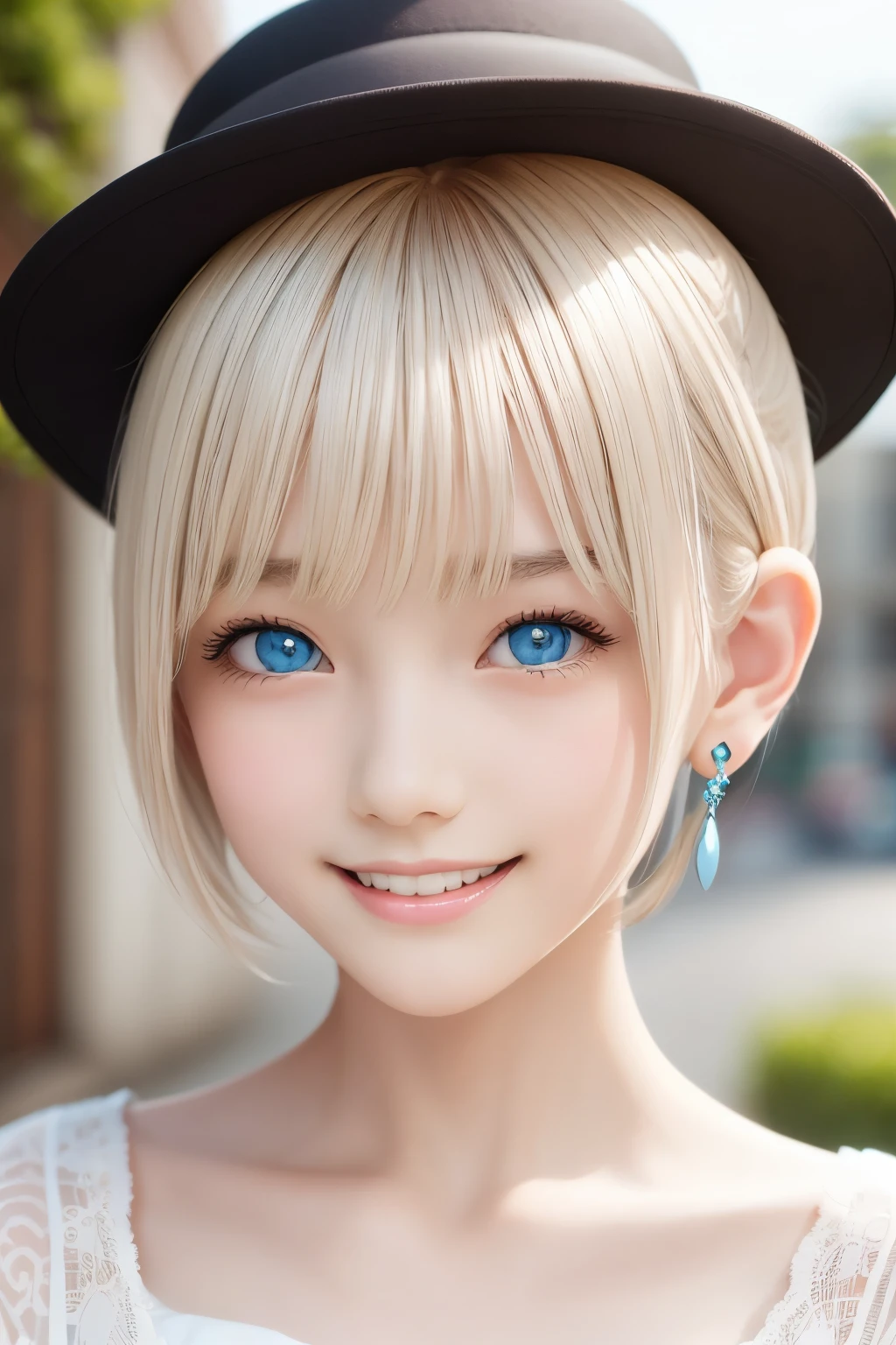 detailed face, cute face, master piece , best quality , woman , bowler hat , bangs , smile , outdoor, Shiny platinum blonde silky super short hair, side locks, beautiful shiny bangs, big clear sky blue eyes, very beautiful light eye highlights,  earrings
