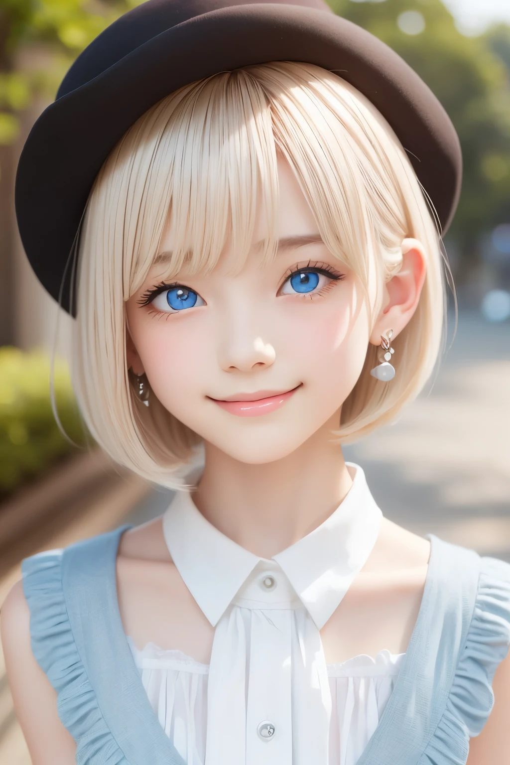 detailed face, cute face, master piece , best quality , woman , bowler hat , bangs , smile , outdoor, Shiny platinum blonde silky super short hair, side locks, beautiful shiny bangs, big clear sky blue eyes, very beautiful light eye highlights, earrings