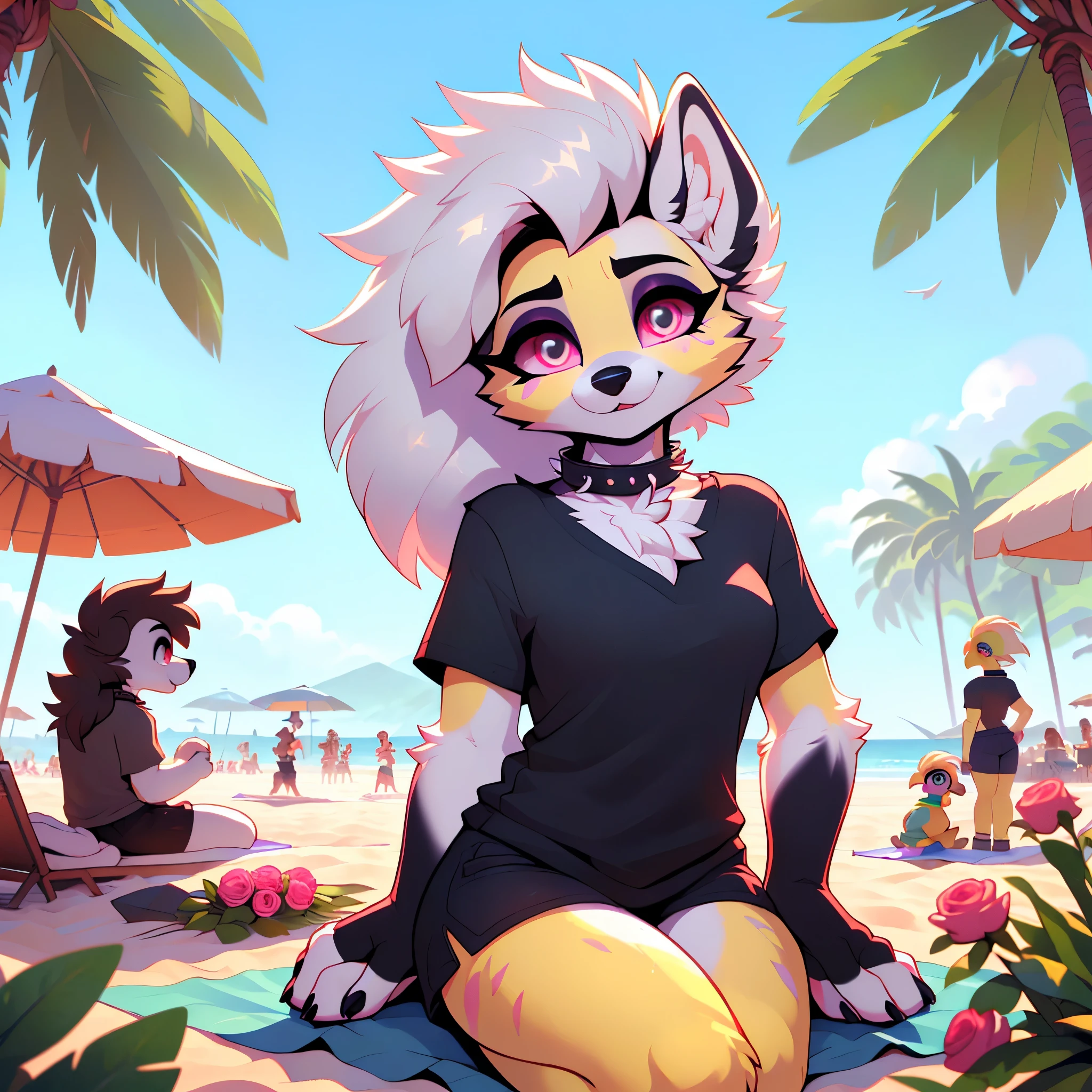 ((chica , pelo blanco, ojos rosas , pelaje , pelaje claro , maximo detalle )) ( ropa : camisa holgada , collar de perro ) ( fondo : playa , arena , mar , palapa) ( ojos rosas hiperrealismo) ( pelo blanco , pelo blanco )( cabello color blanco,sombra verde )