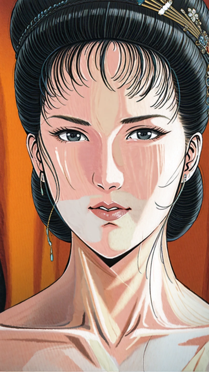 (best quality), (very aesthetic), (ultra-detailed), (best illustration),(a mature female),(perfect face),Suikoden,Mrs. Lin,(NSFW),((full_body)),((full_nude)),((surprised face)),red cheek,sweating,skinny,flushed skin,hairly pussy,There is white semen all over the body,There is white semen on the lips,chinese traditional bed room,
