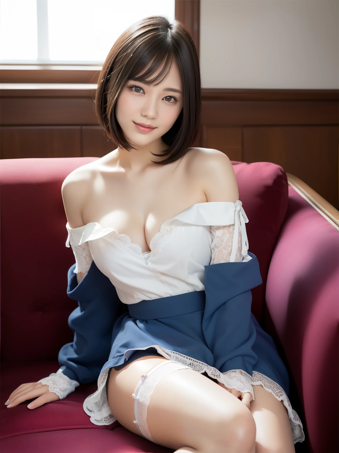 (Neon lights stand outdark店内、dark室内:1)(Photoreal)、(Super high realism)、(ultra high resolution)、(Ultra high definition)、((cute smile)) (14 year old girl、super cute face, natural makeup)(fair skin、Smooth skin、realistic texture)(It sparkled、eyes realistic eyes)(brown hair、thin hair、moist and tidy hair、shiny beautiful hair、extremely detailed hair、short bob、hair behind ears)((Long piercings))round beautiful breasts、beautiful cleavage、thin waist、constriction、big ass(denim dress、Front zip、Micro Mini Length、)(white knee high boots) 、dark、Neon lights stand out、sit on the sofa(Landscape、sensual pose))、Angle from a diagonal((Full body shot showing ankles))Moody Writing