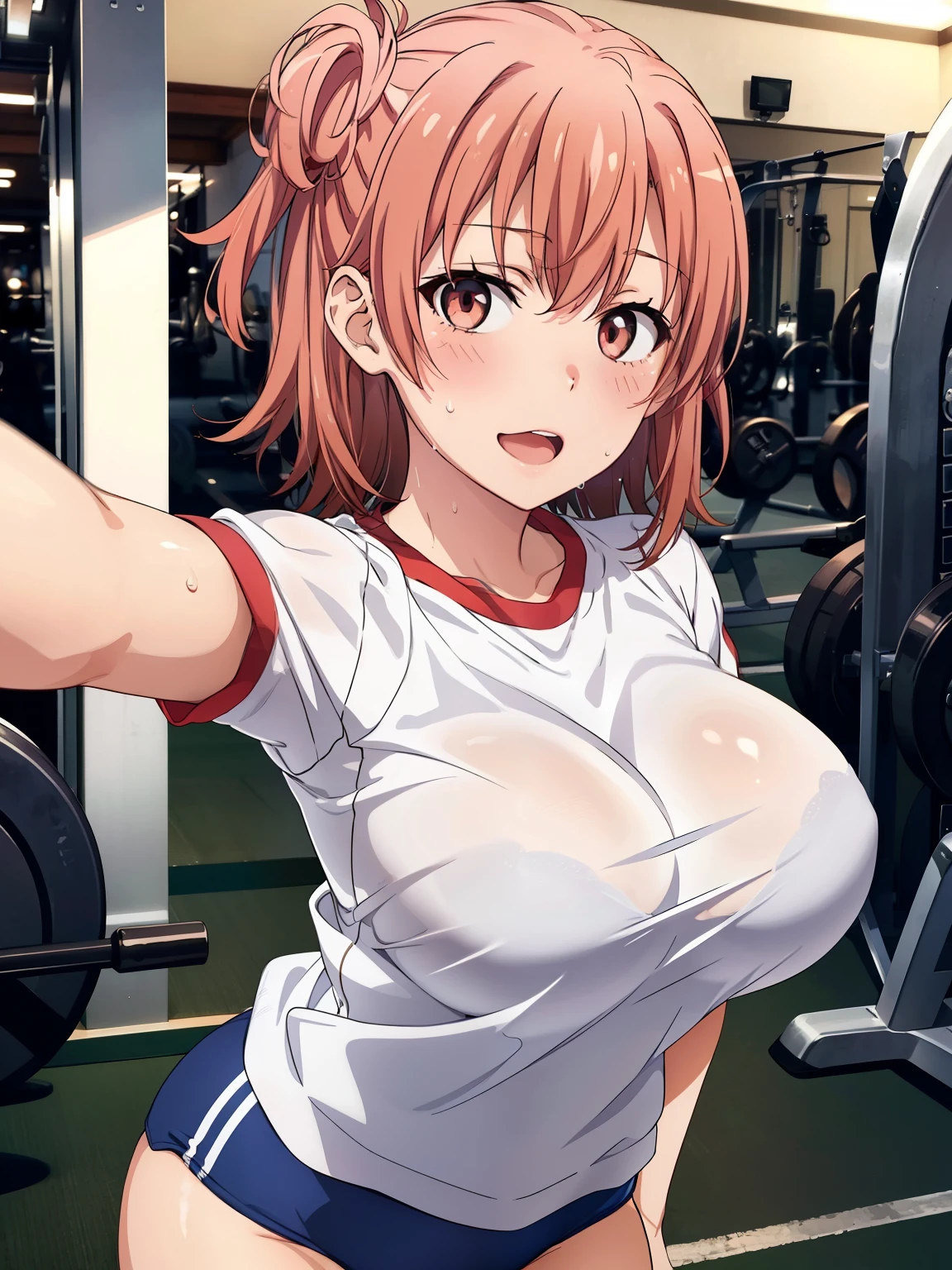 ((highest quality, High resolution,  Perfect Pixel,  4k)), (1 girl),  (Beautiful Anime Girls), 
Watching the audience, 
Perfect body, 

yuigahama yui, (Big Breasts:1.5)、Detailed eyes、Brown eyes、、Chibi Character、

(blush:1.1)、smile、Open your mouth a little、

(wearing navy buruma and gym uniform with colored hem:1.1),

Depth of written boundary、
Focus on the chest、(Sweat)、null、cloud、

Selfie、Upper Body、