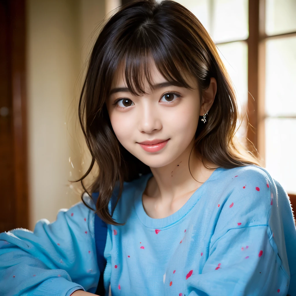 (Best-quality, Masterpiece, Ultra-High-Resolution, (Photorealistic:1.4), Raw Photo, depth of field, professional lighting, perfect anatomy, extremely details), 1girl, 15-years-old, the most famous Japanese idol, in luxury hotel suite, (((wearing very sloppy clothes))), looking at viewer, (extremely cute face like the most popular Japanese idol, (extremely cute and extremely big eyes), extremely beautiful skins), (((extremely messy hair))), extremely cute long-eyelashes, extremely cute lips, grinning