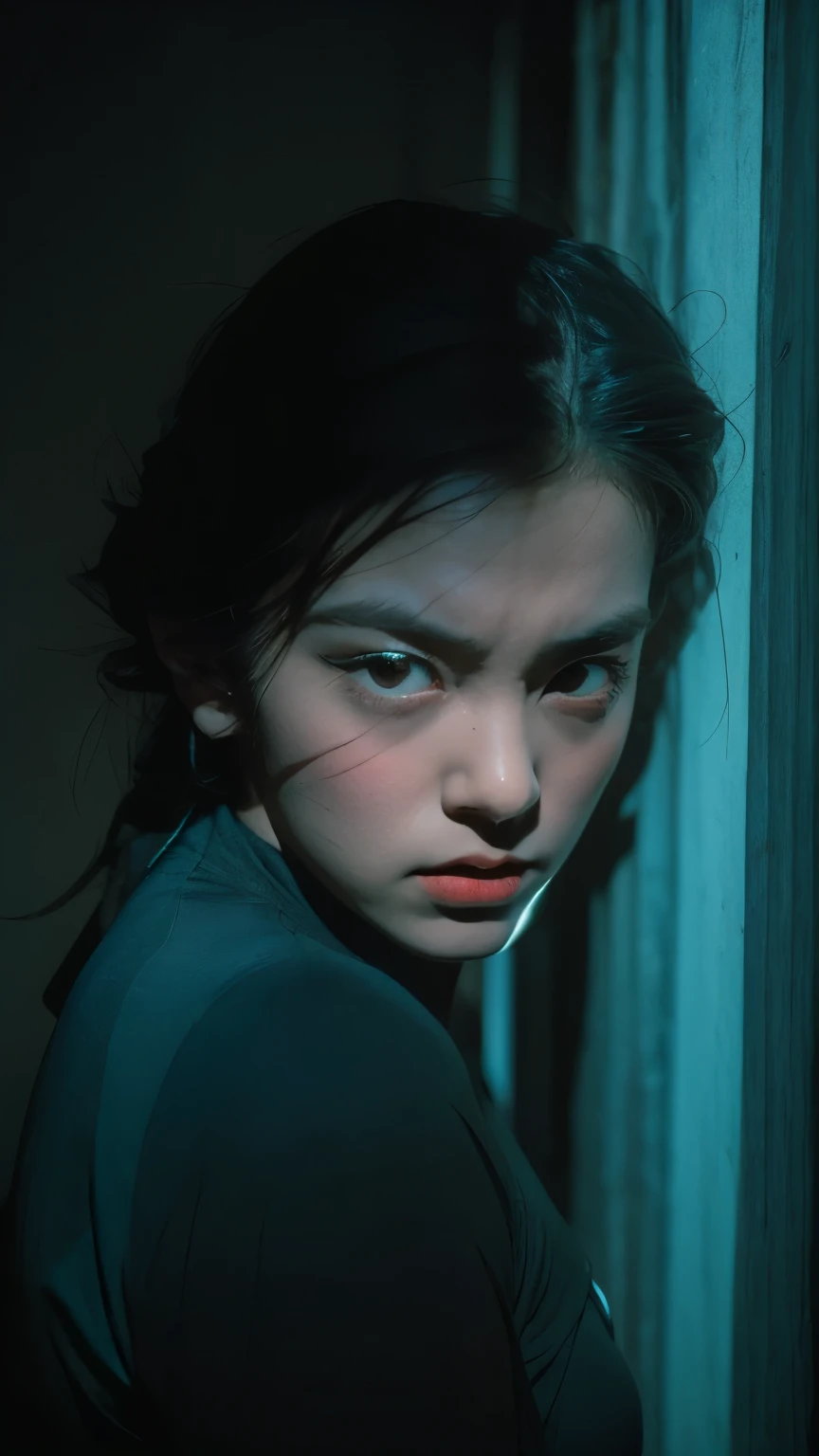 Create an intense, evocative portrait in the Japanese retro anime style of the 80s and 90s. The scene features a male bathed in deep blue light, leaning against a wall with her arms raised, eyes closed in a moment of raw emotion. Her attire is minimal, accentuating the curves of her body and the dramatic shadows cast by the lighting. The background is stark, with sharp contrasts highlighting the contours of her form. The blue and black palette intensifies the mood, evoking a sense of mystery and allure. Subtle film grain and meticulous shading add depth and texture, emphasizing the emotional gravity of the scene. The lighting creates a chiaroscuro effect, accentuating her expressive pose and the intense atmosphere.