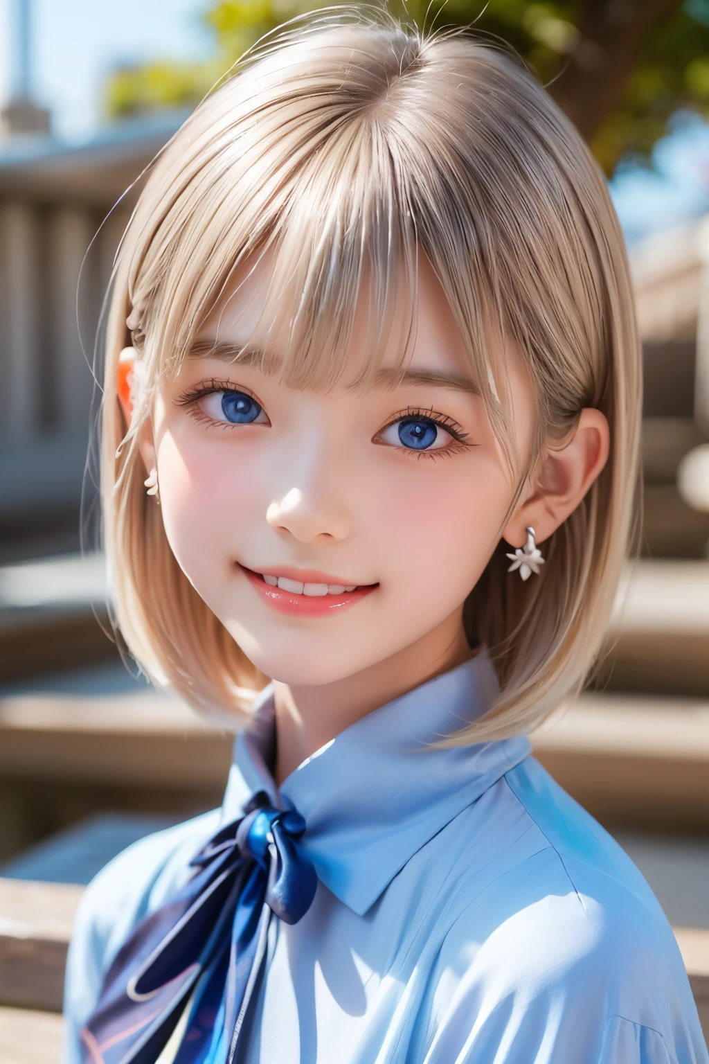 detailed face, cute face, master piece , best quality , woman , bowler hat , bangs , smile , outdoor, Shiny platinum blonde silky super short hair, side locks, beautiful shiny bangs, big clear sky blue eyes, very beautiful light eye highlights, earrings