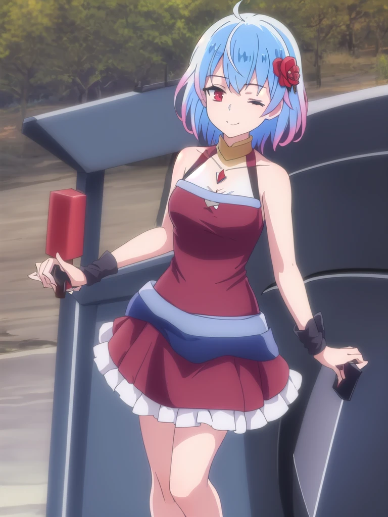 ((Best quality))),((Ultra-detailed)),((illustration)),((Disheveled hair)),((frilld)),(1 girl),(Solo), 1girl,hand_on_hip,solo,rating:safe,black_footwear,breasts,cleavage,clothes_pull,clothing,dress,dress_lift,dress_pull,eyepatch,female,female_only,flower,short_hair,looking_at_viewer,makaria,motion_blur,one_eye_closed,skirt,skirt_lift,skirt_pull,small_breasts,smile,standing,weapon,whip,wink,long_dress,(red_dress:1.2), blue_hair,red_eyes,