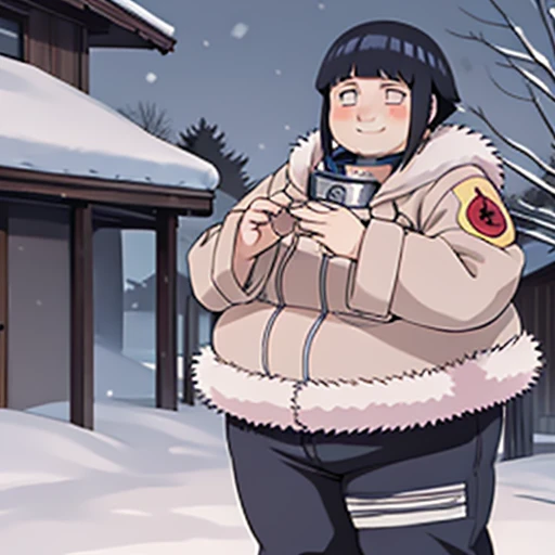 standing, shy, smile, cute, blush, solo, obese hyuuga hinata, 1girl, black hair, white eyes, no pupils, jacket, coat, forehead protector, fur trim, konohagakure symbol, long sleeves, pant, sandals, snowing, ultra detailed, masterpiece, best quality, aesthetic, detailed,