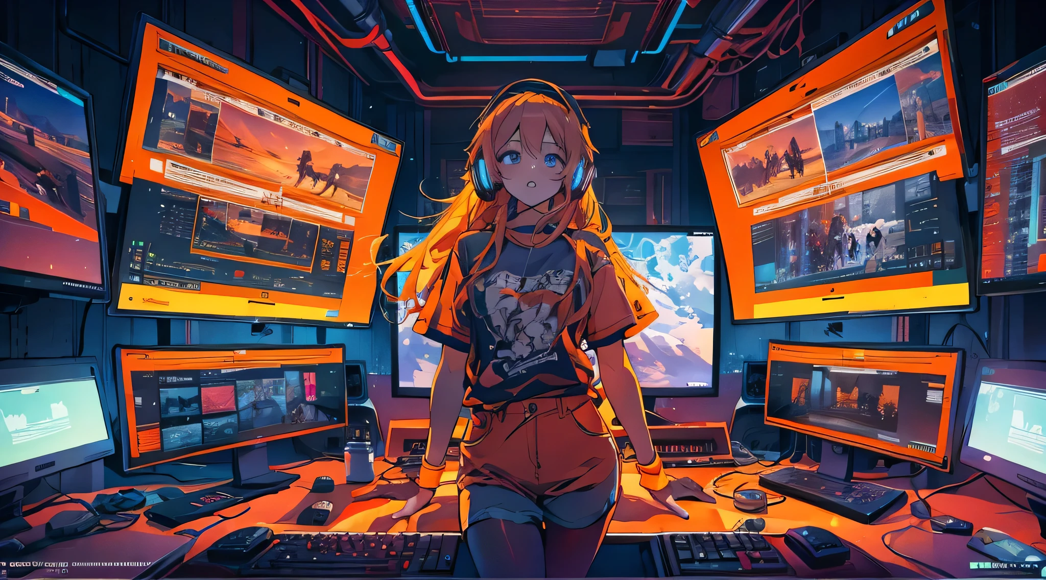high resolution、One Girl、Wearing headphones、Logo T-shirt and hot pants、Inside a futuristic room、Gaming PC、Large monitor<Vibrant colors、Vivid Color、Warm shades、Full body images、Orange long hair、