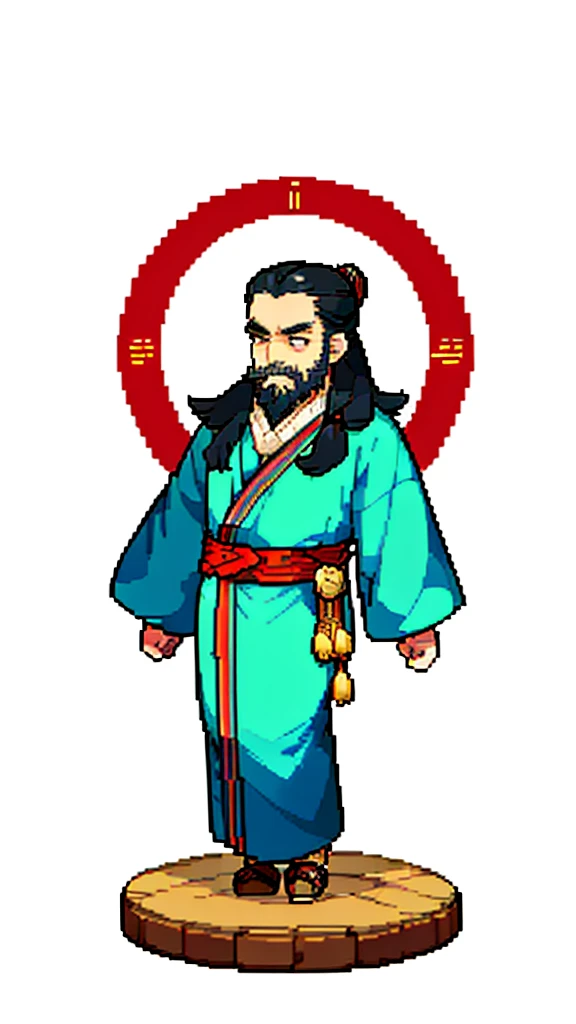 Old man in ancient Chinese costume、Wise Old Man、Looking into the camera、His hair is tied in a bun、Only one topknot、Long sleeve、Hanfu、Black Hair、Stand and pose、Pixel art、(masterpiece, highest quality, highest quality), pixel,pixel art,whole body,Characters in Romance of the Three Kingdoms、Transform、(beard)、Short Deformation、Old man with long beard