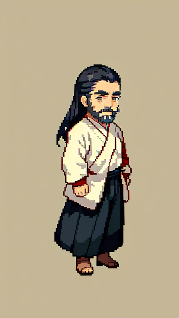 Old man in ancient Chinese costume、Wise Old Man、Looking into the camera、His hair is tied in a bun、Only one topknot、Long sleeve、Hanfu、Black Hair、Stand and pose、Pixel art、(masterpiece, highest quality, highest quality), pixel,pixel art,whole body,Characters in Romance of the Three Kingdoms、Transform、(beard)、Short Deformation、Old man with long beard