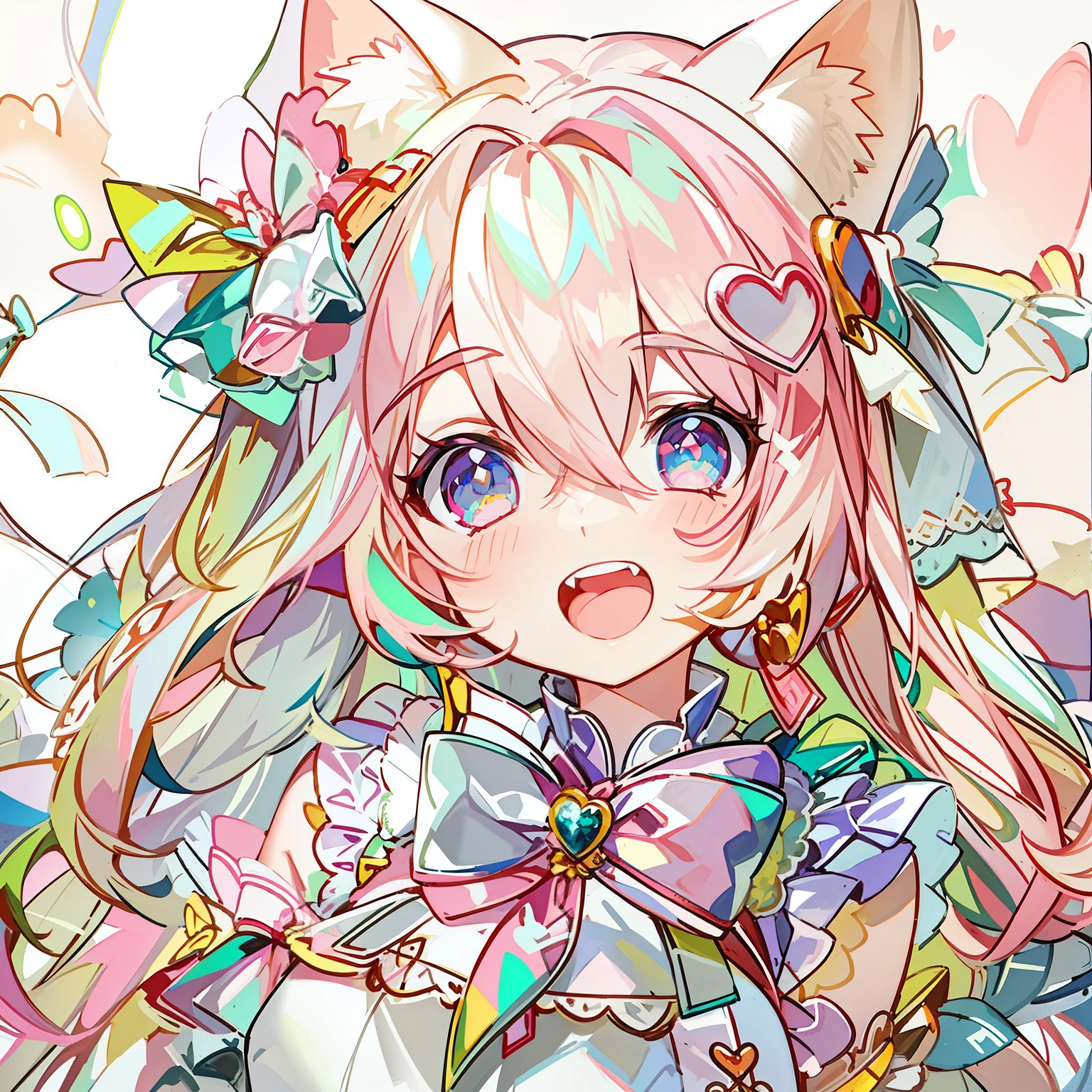 Masterpiece,Best quality, White background, (10:1girll), (10:One guy), Very long hair, White and pink hair , Love decoration , Multiple cyan and pink bows, White and pink pair of cat ears , Cyan eyes , Look straight ahead , love heart , Pink bow tie , White clothes , 5:Open mouth, 5:teeth