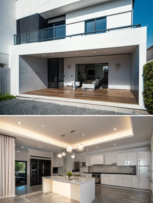 white house with two floors and balcony in the bedrooms all in porcelain 3 bedrooms with suite and closet kitchen with island in the middle counter style with ceiling lights on top of the counter fully designed kitchen furniture with stainless steel appliances office leisure area with pool pool and barbecue gourmet space garden covered covered garage for two cars a corolla 2024 hybrido white and creta 2024 white