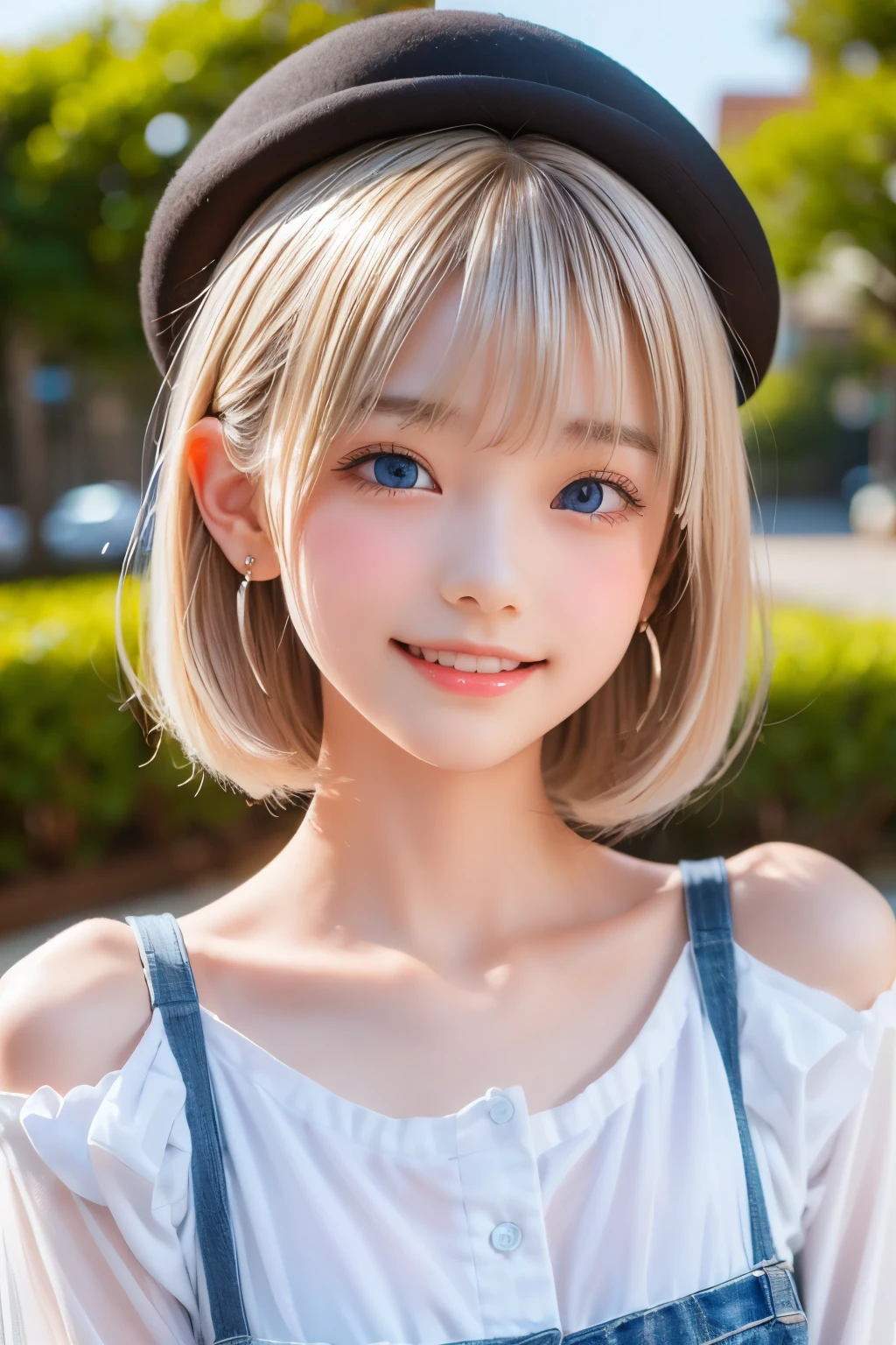detailed face, cute face, master piece , best quality , woman , bowler hat , bangs , smile , outdoor, Shiny platinum blonde silky super short hair, side locks, beautiful shiny bangs, big clear sky blue eyes, very beautiful light eye highlights, earrings