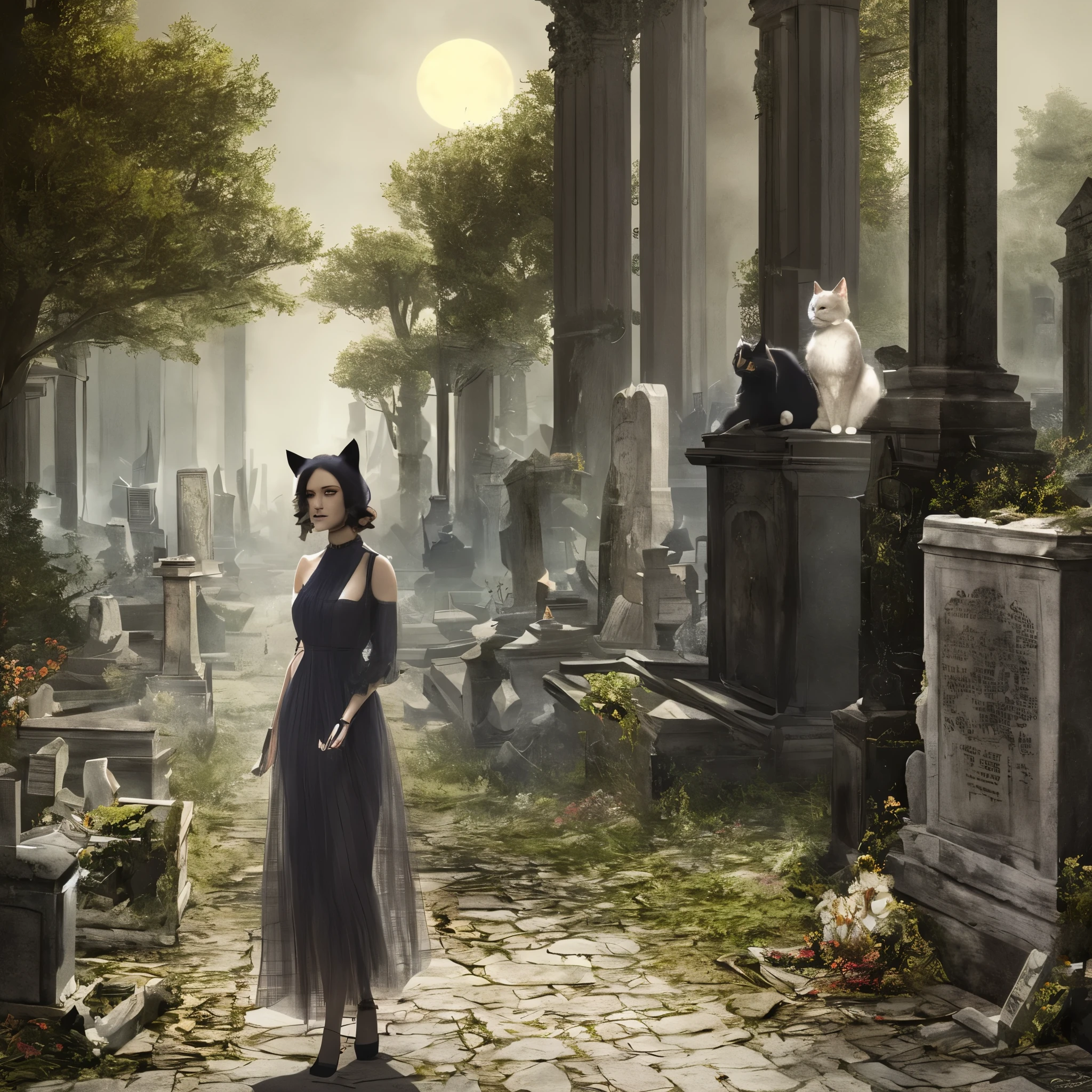 A lovely young woman with Wynona Ryder's features, wearing a sheer black billowing summer dress and cat ears, walking through a moonlit cemetery, her black cat nearby, detailed portrait, realistic, photorealistic, 8k, high quality, masterpiece, dramatic lighting, cinematic, dark moody atmosphere, ethereal, mystical, magical realism