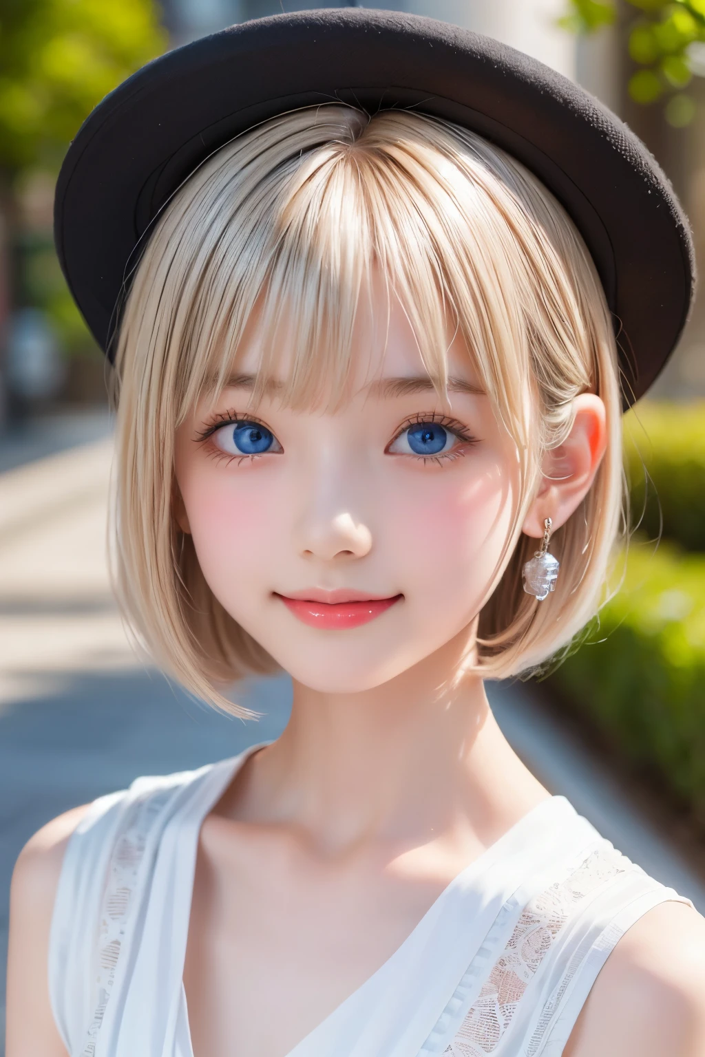 detailed face, cute face, master piece , best quality , woman , bowler hat , bangs , smile , outdoor, Shiny platinum blonde silky super short hair, side locks, beautiful shiny bangs, big clear sky blue eyes, very beautiful light eye highlights, earrings