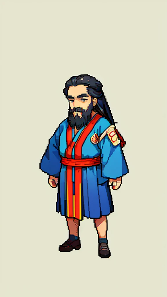 Old man in ancient Chinese costume、Wise Old Man、Looking into the camera、His hair is tied in a bun、Only one topknot、Long sleeve、Hanfu、Black Hair、Stand and pose、Pixel art、(masterpiece, highest quality, highest quality), pixel,pixel art,whole body,Characters in Romance of the Three Kingdoms、Transform、(beard)、Short Deformation、Old man with long beard