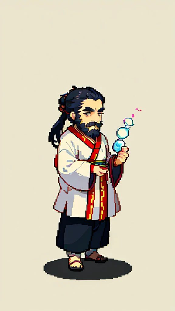Old man in ancient Chinese costume、Wise Old Man、Looking into the camera、His hair is tied in a bun、Only one topknot、Long sleeve、Hanfu、Black Hair、Stand and pose、Pixel art、(masterpiece, highest quality, highest quality), pixel,pixel art,whole body,Characters in Romance of the Three Kingdoms、Transform、(beard)、Short Deformation、Old man with long beard