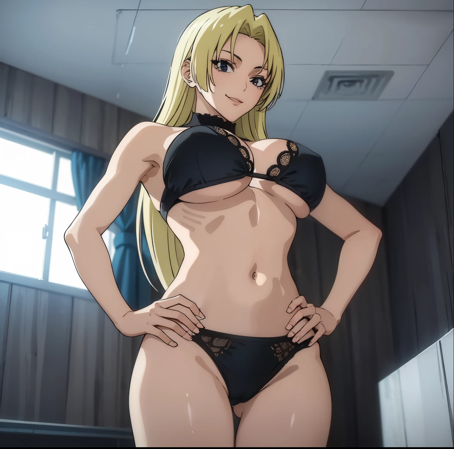 1 girl, alone, yuki tsukumo, ((best quality)), ((highly detailed)), masterpiece, detailed, large breasts, medium waist, wide hips, medium thighs, round butt, mature woman, blonde, long hair, female focus, sexy body, seductive smile, standing, room, bedroom, 1girl,alone, black lingerie, black bra with lace, black thong with lace, looking at viewer, from behind, point of view (from below), cowboy shot, smile, hand on hip, perfect hands, perfect anatomy