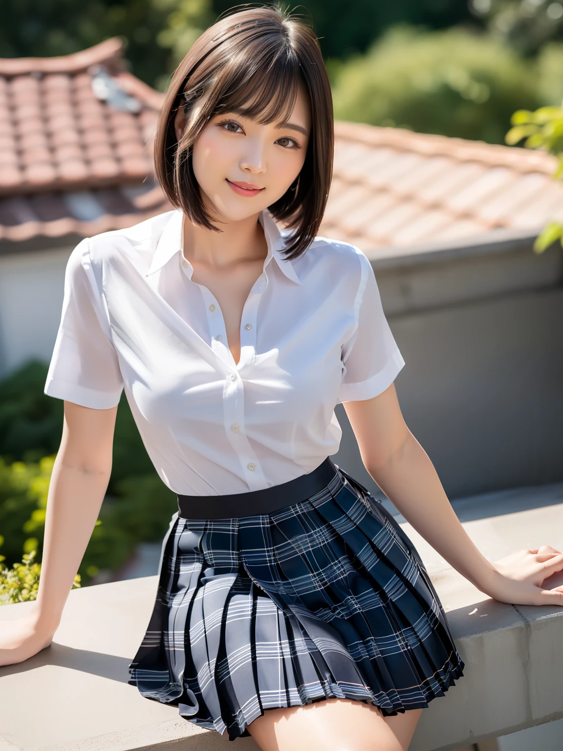 (Highest quality: 1.5), (Realistic: 1.5), (1 person: 1.5), Highly detailed, High resolution, 8k, slightly saggy medium breasts, Natural colored lips, Cute smile, Japanese woman, 20 year old girl, beautiful and graceful features, perfect and beautiful face, balanced big eyes, brunette eyes, beautiful and graceful features, natural double eyelids, natural bangs, beautiful thin nose, beautiful skin, medium bob hair , natural bangs , perfect and beautiful face, slim face and figure, blue summer sky, socks, (looking at the camera with a sweet smile), bright lighting, professional lighting, forward lighting, beautiful legs: 1.2, smooth skin, slender body, slim waistline, slim thin thighs, cleavage, detailed clothes, (short sleeve formal shirt:1.5), (Pleated skirt:1.5), plaid pleated micro mini skirt, short sleeve dress shirt, (unbuttoned shirt to show cleavage), sit on the roof of the school, Beautiful breasts, beautiful cleavage, bra visible through white shirt, see-through shirt,