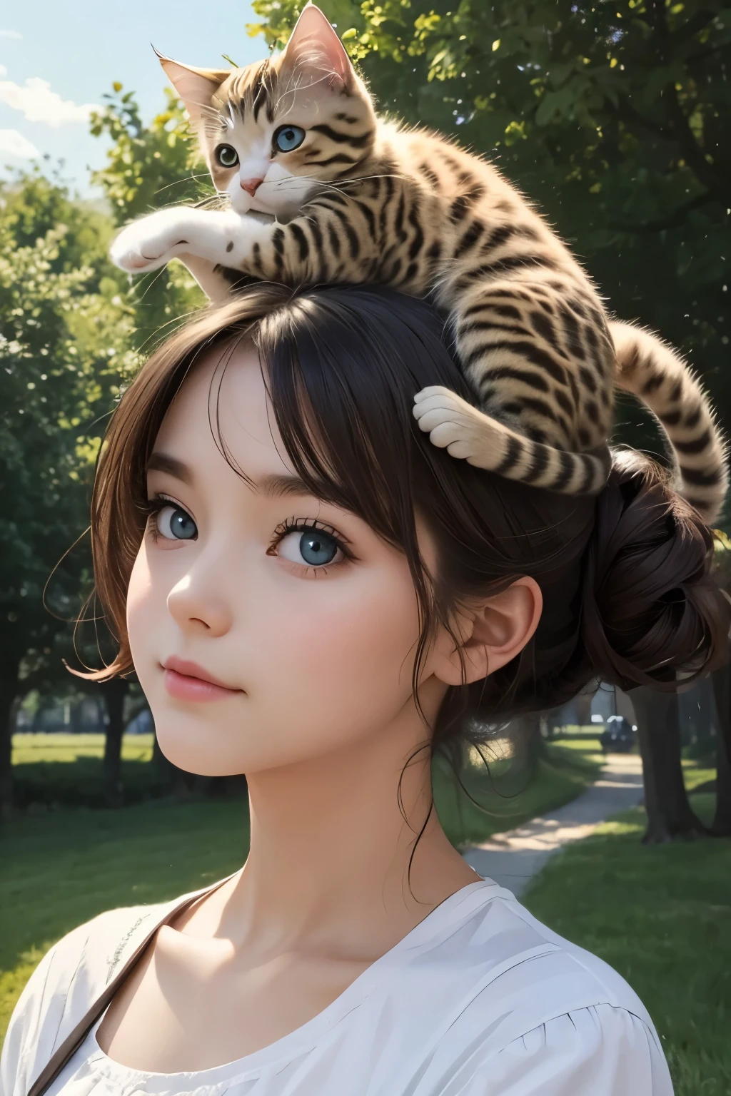 best quality, super fine, masterpiece, cute kitten riding on the head of a cute girl