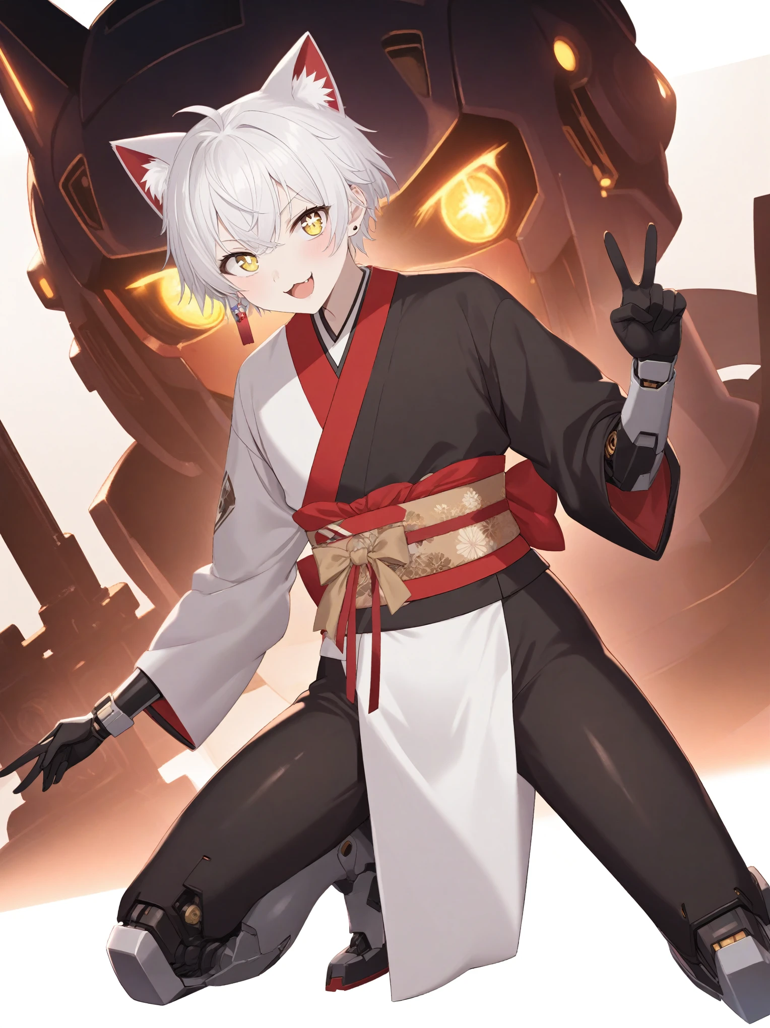 1boy,cat_boy,male focus, cyborg girl, split-color kimono, (black kimono), ((white kimono)), (red lapel), white hair, short hair, single side lock, yellow eyes, solo, virtual YouTuber, :3, single earring, red sash, obi, looking at viewer, star-shaped pupils, wink, double peace sign, V-sign, sparkling aura, smile, open mouth, double V, BREAK backlighting glowing eyes, shiny, detailed beautiful eyes, outstanding, countershading, detailed soft lighting, stage, zoom layer, holding weapon, holding gun, one knee, golden eyes, futuristic glowing eyes, well-aligned eyes, extremely detailed face, mechanical bodysuit, cyber helmet, full body, fight stance, perfect gun, detailed gun, cyborg, joints, covered body, robot feet,cinematic lighting