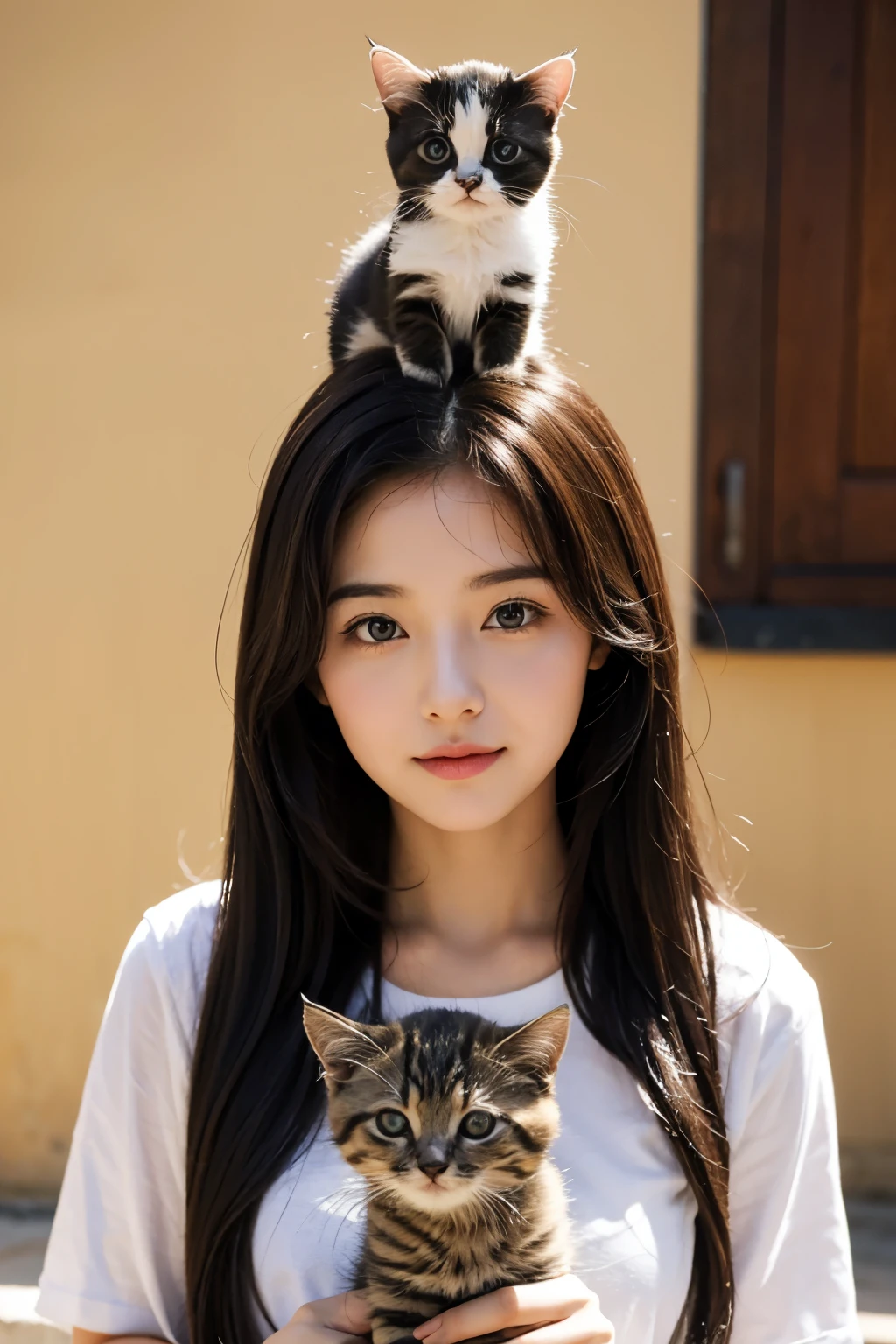 best quality, super fine, masterpiece, cute kitten riding on the head of a cute girl