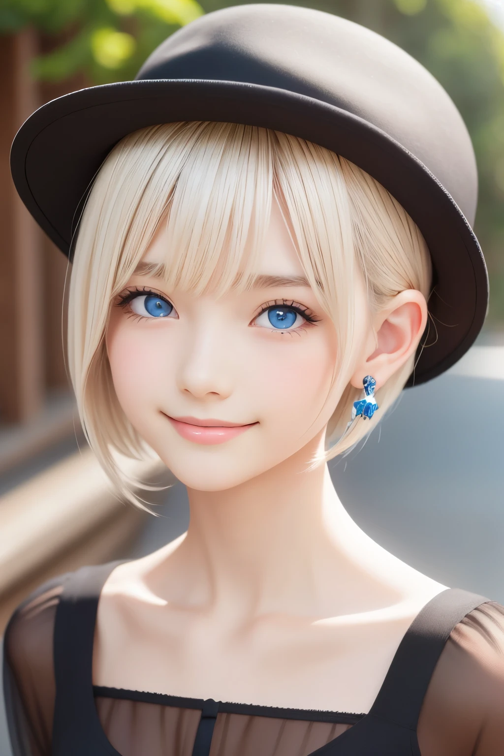 detailed face, cute face, master piece , best quality , woman , bowler hat , bangs , smile , outdoor, Shiny platinum blonde silky super short hair, side locks, beautiful shiny bangs, big clear sky blue eyes, very beautiful light eye highlights, earrings