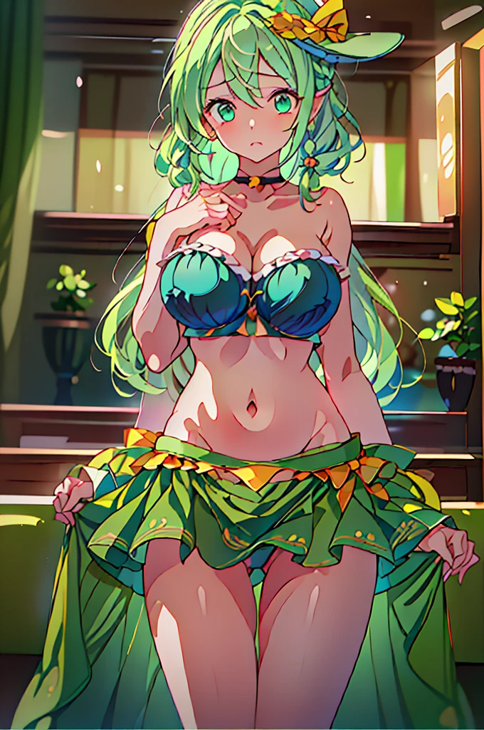 (masterpiece, best quality), best quality, (ultra-detailed), (3heads:1.5), 1girl, (komeji koishi:1.3), masterpiece, best quality, ultra quality, ultra resolution, yellow top, crop top, ((stomach)), midriff, ((groin)), green skirt, normal ears, shackles, mint green hair, very long hair, wavy hair, sidelocks, green eyes, detailed eyes, parted lips, sweat, cute, toned belly, hand on own chest, eyelashes, (24 year old woman:1.3), (masterpiece:1.5), (best quality:1.5), (beautiful detailed extremely detailed CG, extremely delicate and beautiful, depth of field, (finely detailed face), (perfect details:1.2), (mature female:1.3), wide pelvis, slender, large veiny breast, 16k resolution, highres, high quality, high definition, extremely detailed, masterpiece, mint green hair, long hair, alluring presence, braid, short skirt, close up, big tits, young, black headwear, hat bow,
