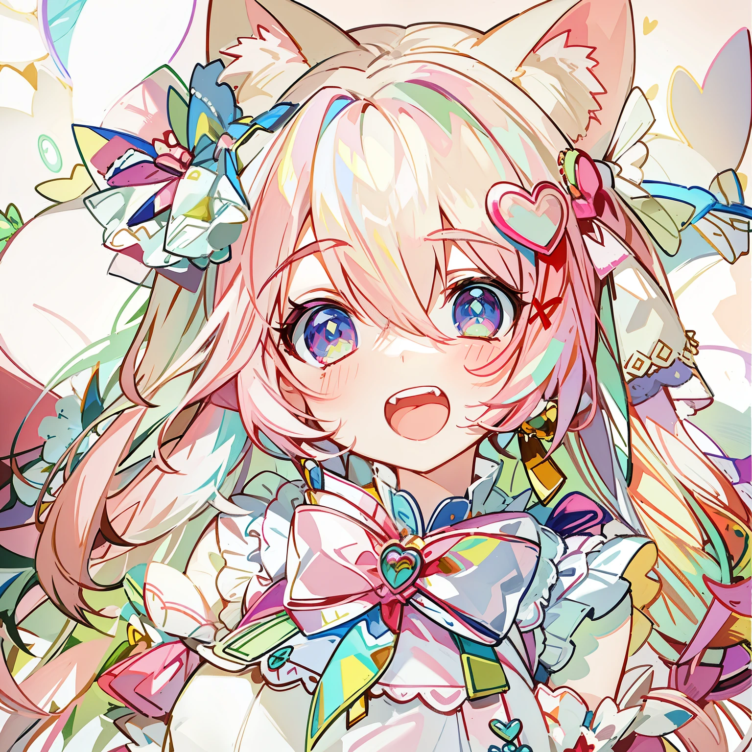 Masterpiece,Best quality, White background, (10:1girll), (10:One guy), Very long hair, White and pink hair , Love decoration , Multiple cyan and pink bows, White and pink pair of cat ears , Cyan eyes , Look straight ahead , love heart , Pink bow tie , White clothes , 5:Open mouth, 5:teeth