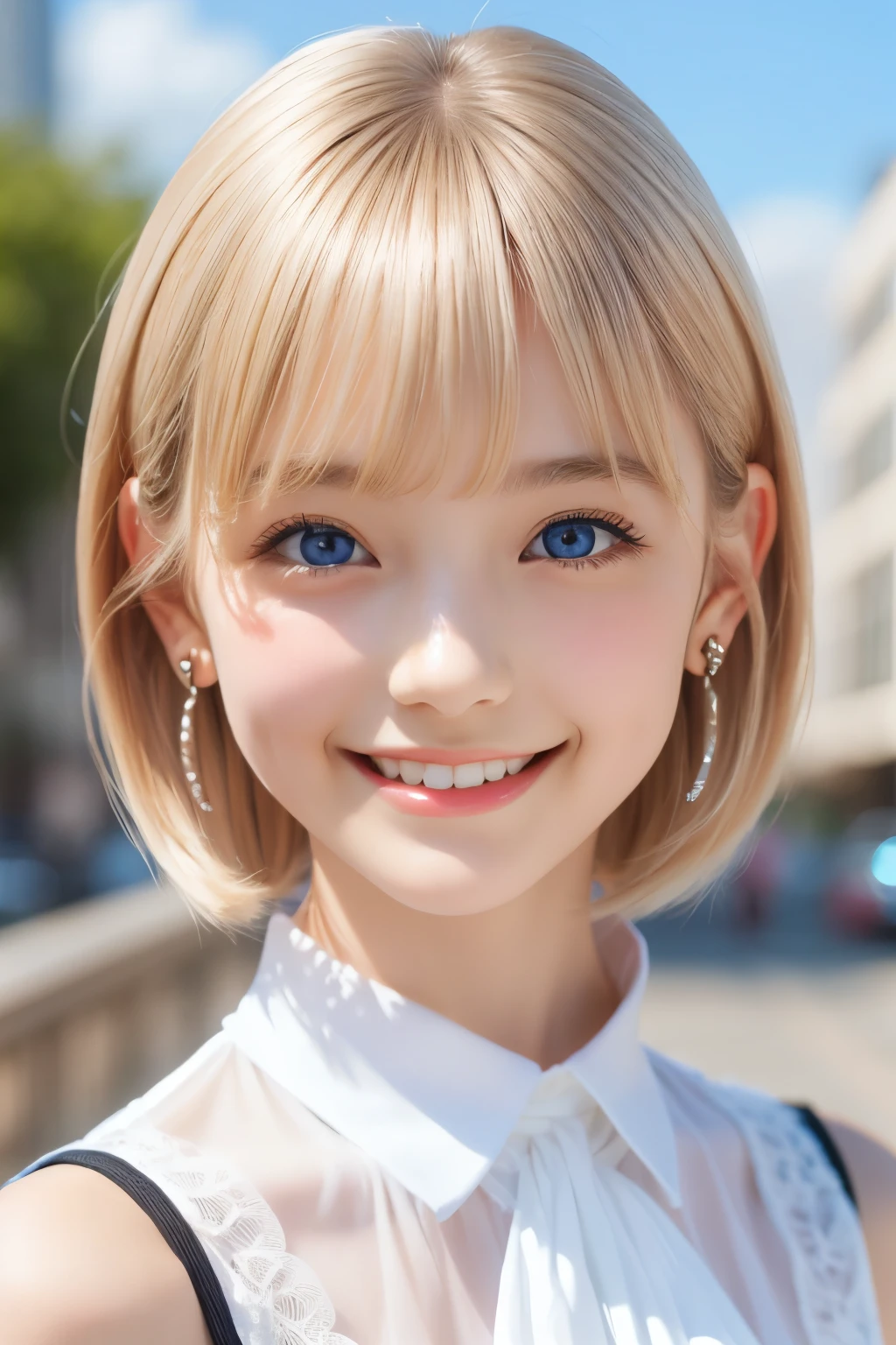 detailed face, cute face, master piece , best quality , woman , bowler hat , bangs , smile , outdoor, Shiny platinum blonde silky super short hair, side locks, beautiful shiny bangs, big clear sky blue eyes, very beautiful light eye highlights,  earrings
