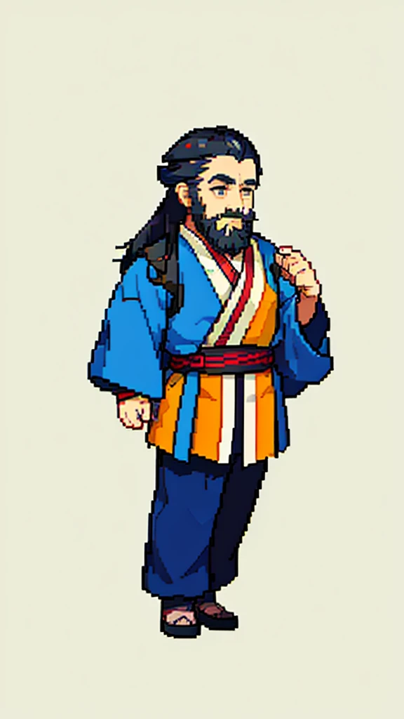 Old man in ancient Chinese costume、Wise Old Man、Looking into the camera、His hair is tied in a bun、Only one topknot、Long sleeve、Hanfu、Black Hair、Stand and pose、Pixel art、(masterpiece, highest quality, highest quality), pixel,pixel art,whole body,Characters in Romance of the Three Kingdoms、Transform、(beard)、Short Deformation、Old man with long beard