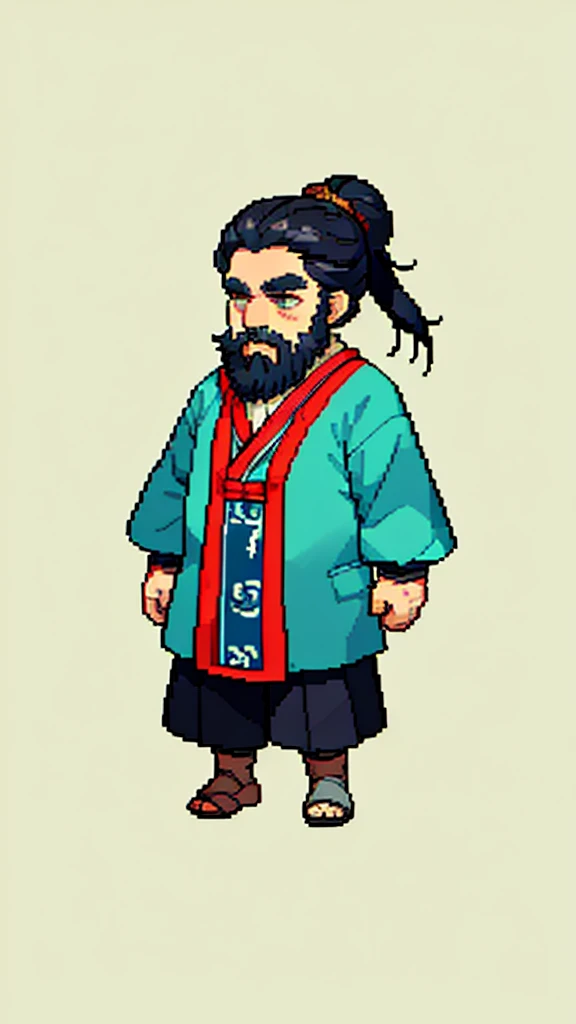 Old man in ancient Chinese costume、Wise Old Man、Looking into the camera、His hair is tied in a bun、Only one topknot、Long sleeve、Hanfu、Black Hair、Stand and pose、Pixel art、(masterpiece, highest quality, highest quality), pixel,pixel art,whole body,Characters in Romance of the Three Kingdoms、Transform、(beard)、Short Deformation、Old man with long beard