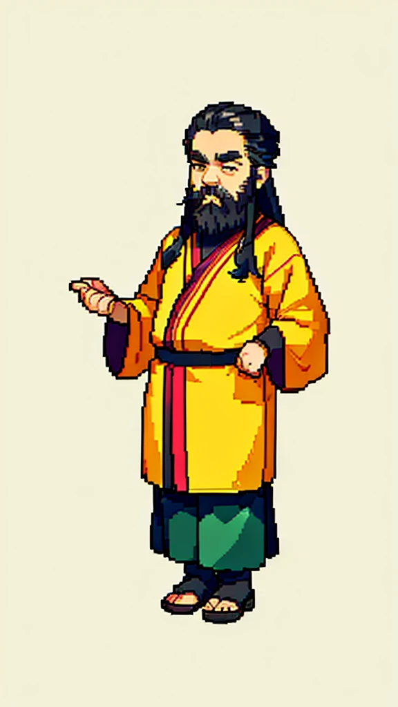 Old man in ancient Chinese costume、Wise Old Man、Looking into the camera、His hair is tied in a bun、Only one topknot、Long sleeve、Hanfu、Black Hair、Stand and pose、Pixel art、(masterpiece, highest quality, highest quality), pixel,pixel art,whole body,Characters in Romance of the Three Kingdoms、Transform、(beard)、Short Deformation、Old man with long beard