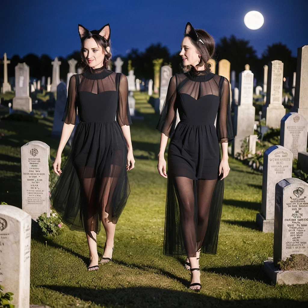 A (lovely woman (Wynona Ryder (age 20) sheer black billowing summer dress, wearing cat ears) is walking through a cemetery on a moonlit night, cradling her black cat