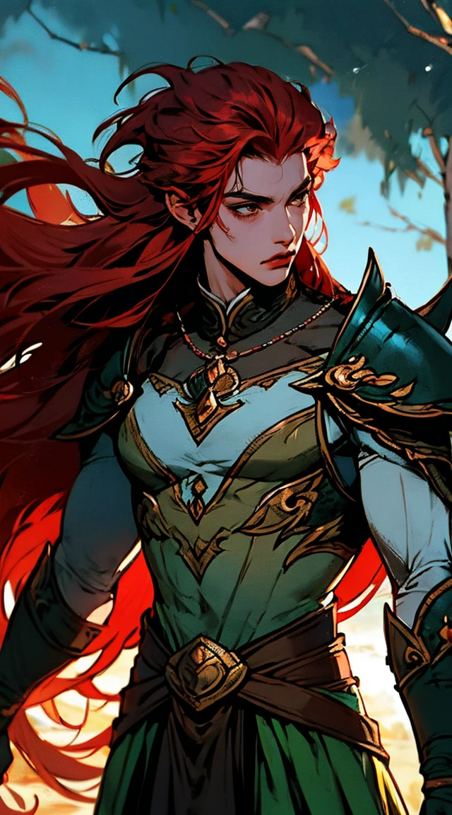 Obra de arte, melhor qualidade, 1 homem, adulto, foco masculino, sozinho, red hair, cabelo longo, olhos verdes vibrantes, Armadura Preta, pele escura, boca fechada, Fantasy aesthetic, altamente detalhado, estilo shadowverso, armadura do cavaleiro elfo, orelha de elfo, Sem decote, sem mamilos. Segurando alabarda chinesa, andando, Escrita, Deitado, standing, Nas suas costas, brigando, dynamic poses. Prepare-se para mergulhar em um mundo onde a beleza e o artesanato se fundem perfeitamente
