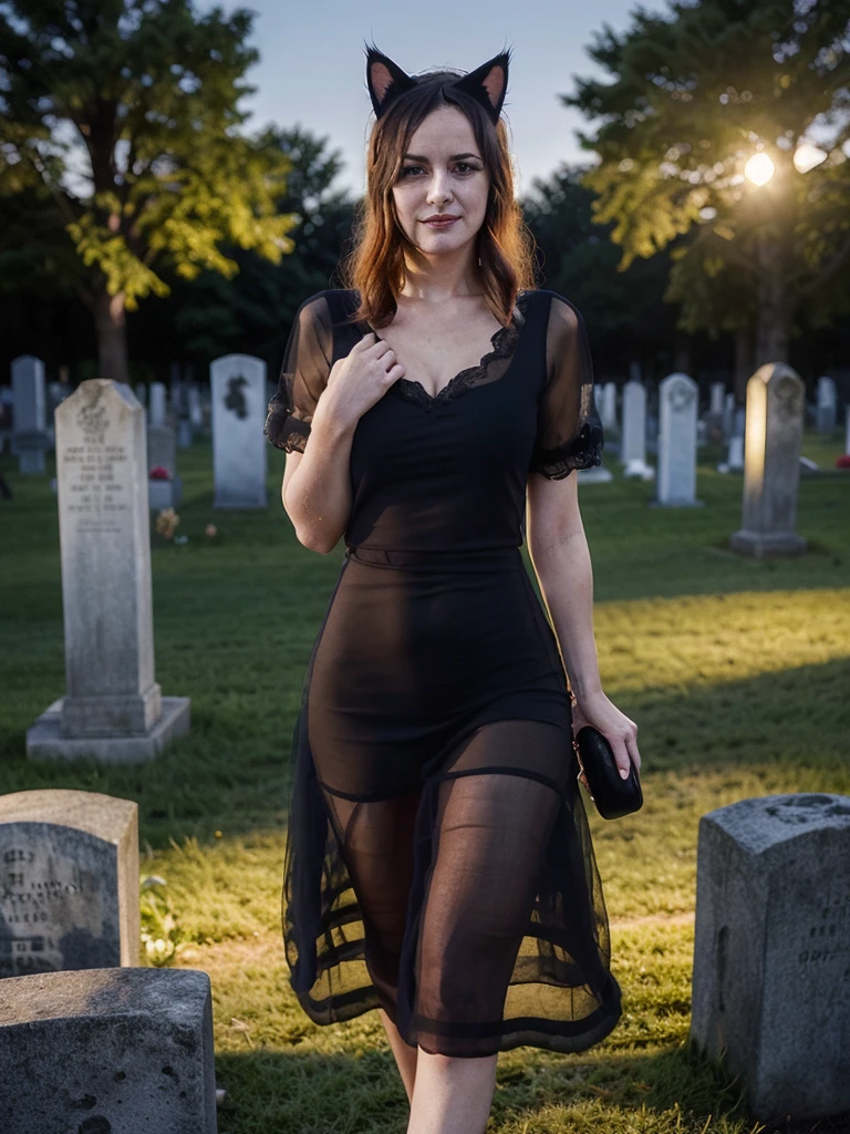 A (lovely woman (Wynona Ryder (age 20) sheer black billowing summer dress, wearing cat ears) is walking through a cemetery on a moonlit night, cradling her black cat
