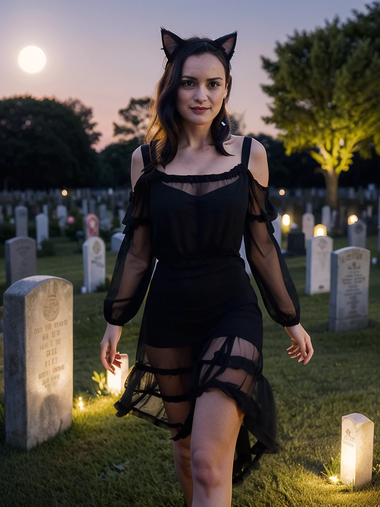 A (lovely woman (Wynona Ryder (age 20) sheer black billowing summer dress, wearing cat ears) is walking through a cemetery on a moonlit night, cradling her black cat
