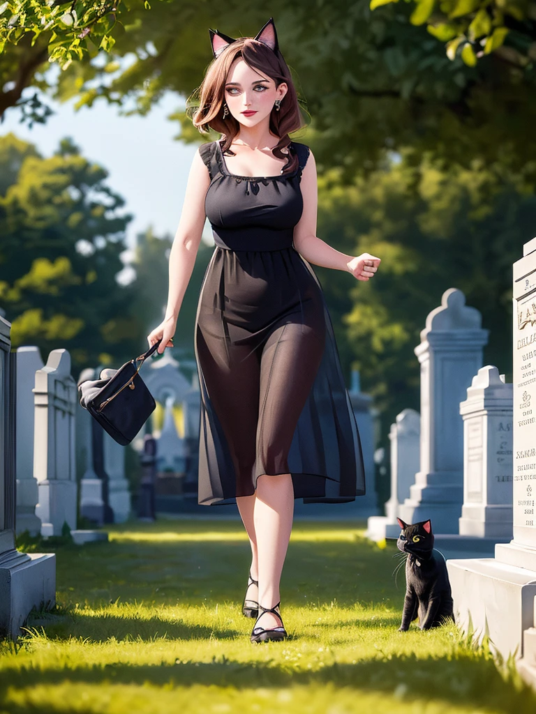 A (lovely woman (Wynona Ryder (age 20) sheer black billowing summer dress, wearing cat ears) is walking through a cemetery on a moonlit night, cradling her black cat
