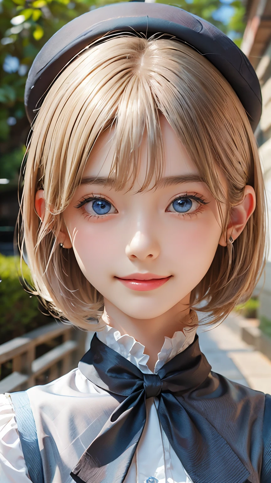 detailed face, cute face, master piece , best quality , woman , bowler hat , bangs , smile , outdoor, Shiny platinum blonde silky super short hair, side locks, beautiful shiny bangs, big clear sky blue eyes, very beautiful light eye highlights, earrings