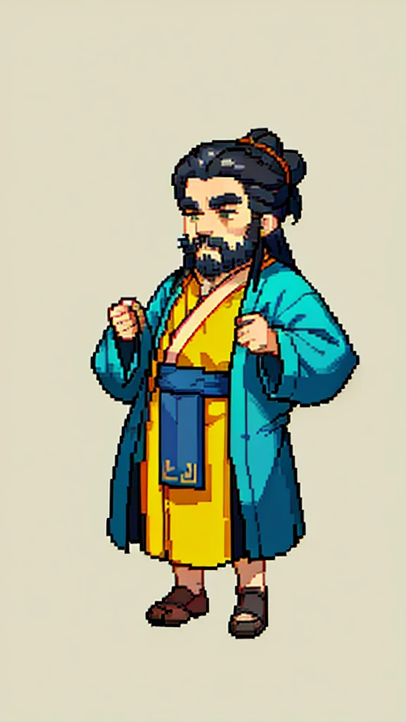 Old man in ancient Chinese costume、Wise Old Man、Looking into the camera、His hair is tied in a bun、Only one topknot、Long sleeve、Hanfu、Black Hair、Stand and pose、Pixel art、(masterpiece, highest quality, highest quality), pixel,pixel art,whole body,Characters in Romance of the Three Kingdoms、Transform、(beard)、Short Deformation、Old man with long beard