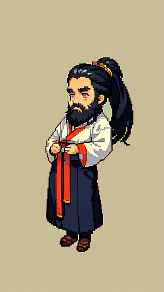 Old man in ancient Chinese costume、Wise Old Man、Looking into the camera、His hair is tied in a bun、Only one topknot、Long sleeve、Hanfu、Black Hair、Stand and pose、Pixel art、(masterpiece, highest quality, highest quality), pixel,pixel art,whole body,Characters in Romance of the Three Kingdoms、Transform、(beard)、Short Deformation、Old man with long beard