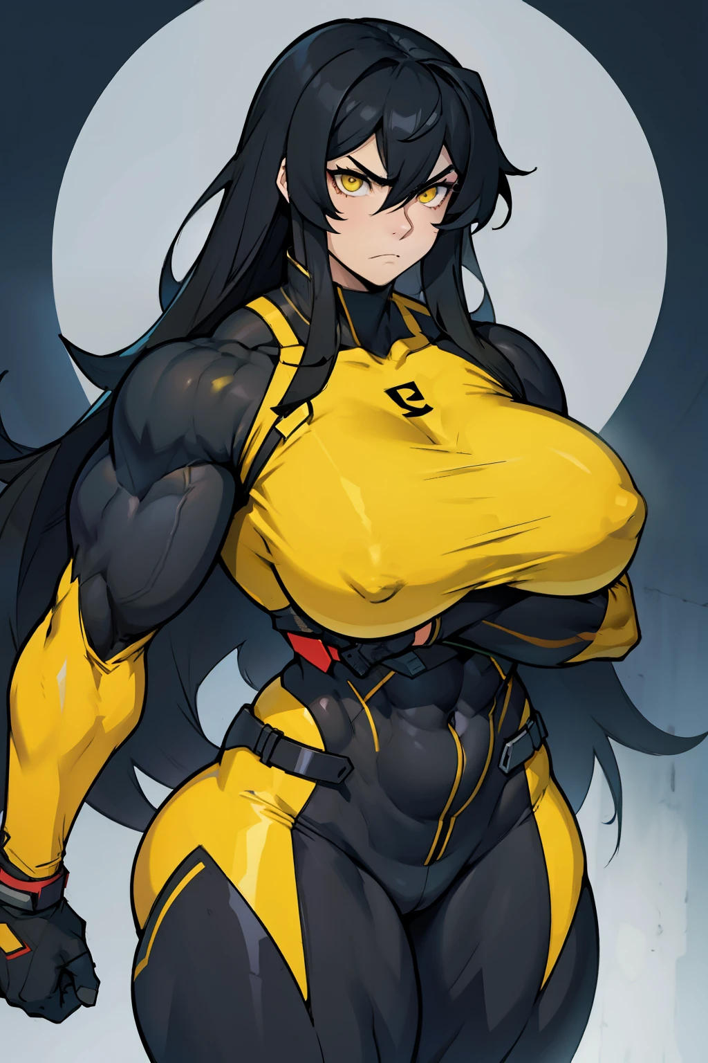 huge muscles huge breasts huge thighs pale skin black hair yellow eyes very long hair muscular girl sad frown expressionless skintight