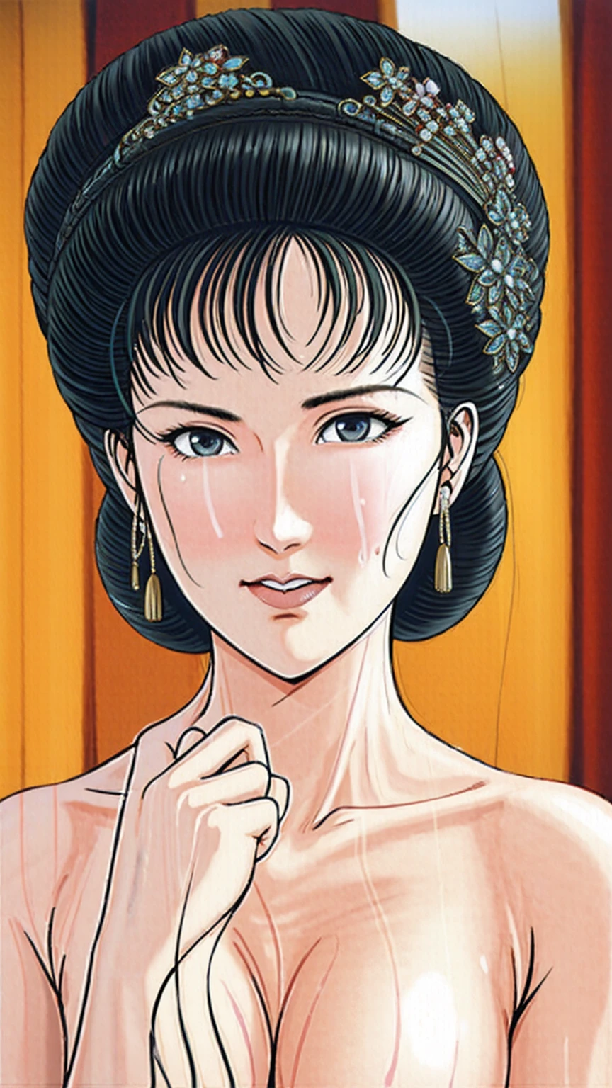 (best quality), (very aesthetic), (ultra-detailed), (best illustration),(a mature female),(perfect face),Suikoden,Mrs. Lin,(NSFW),((full_body)),((full_nude)),((surprised face)),red cheek,sweating,skinny,flushed skin,hairly pussy,There is white semen all over the body,There is white semen on the lips,chinese traditional bed room,Hands covering mouth