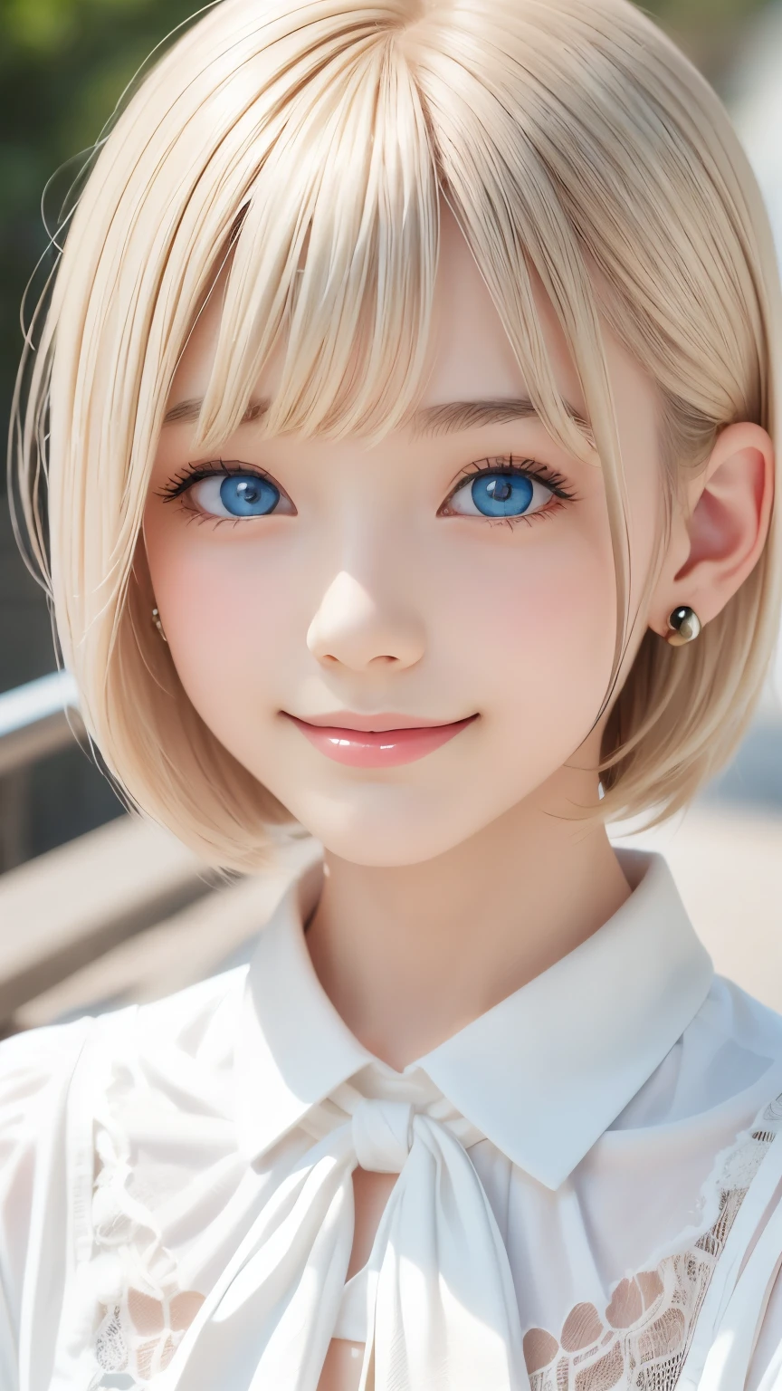 detailed face, cute face, master piece , best quality , woman , bowler hat , bangs , smile , outdoor, Shiny platinum blonde silky super short hair, side locks, beautiful shiny bangs, big clear sky blue eyes, very beautiful light eye highlights, earrings
