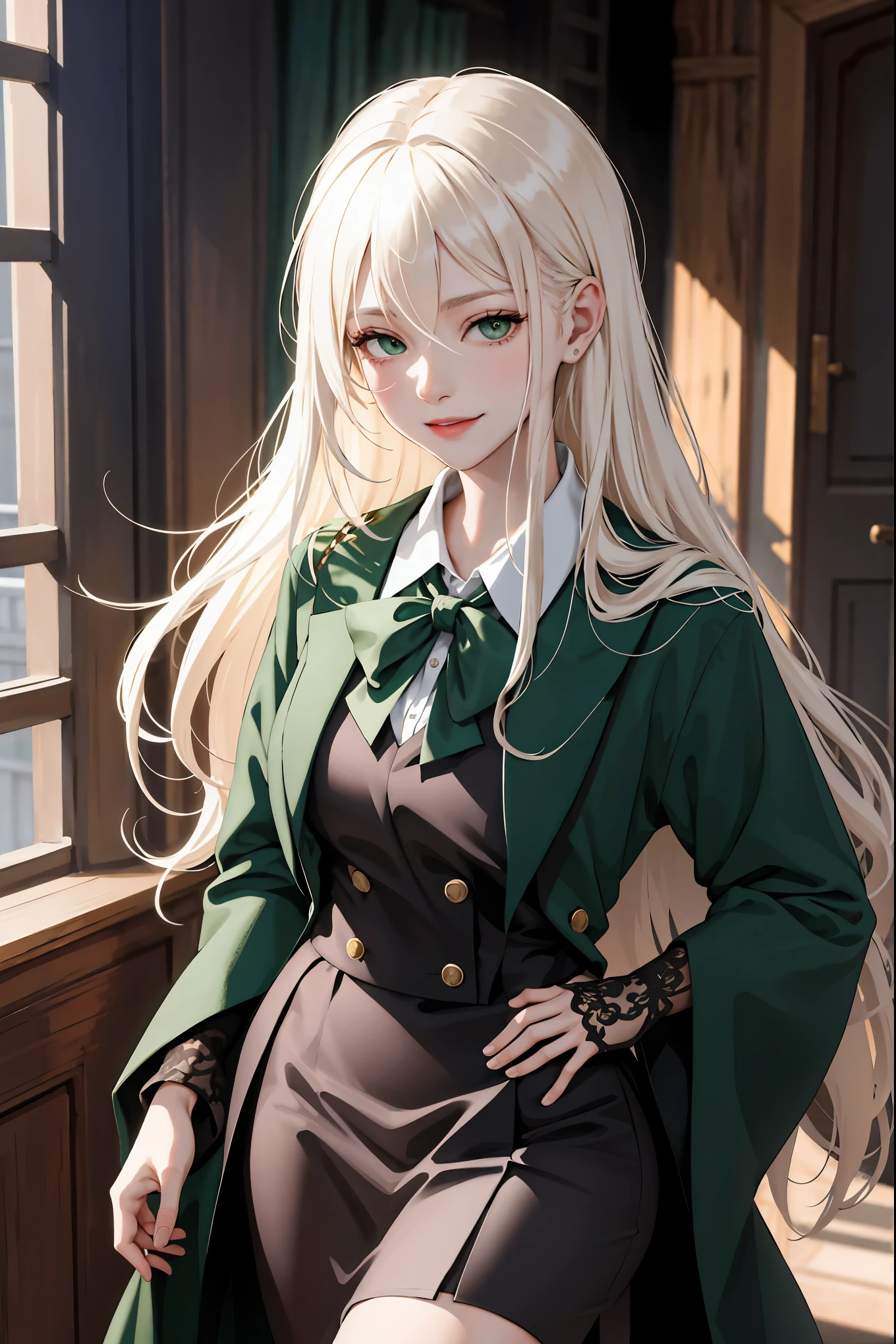 (masterpiece:1.2, best quality), (real picture, intricate details), 1lady, solo, upper body, showing legs, standing up, school, school settings, long hair, minimal makeup, detailed face, smiling, really long platinum blonde hair, bangs, hair between eyes, green eyes, big plump breasts, big breasts, big ass, SFW, clothes, Slytherin, Slytherin clothes, Hogwarts, Hogwarts clothing, (school classroom), (face closeup), (standing up)