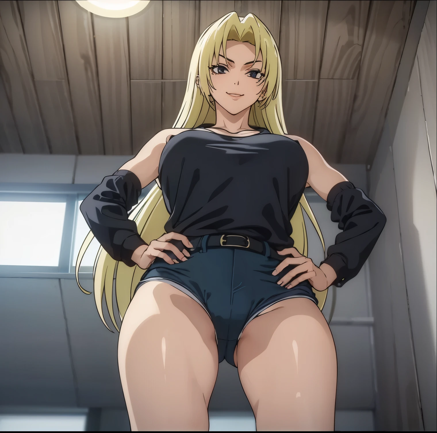 1 girl, alone, yuki tsukumo, ((best quality)), ((highly detailed)), masterpiece, detailed, large breasts, medium waist, wide hips, medium thighs, round butt, mature woman, blonde, long hair, female focus, sexy body, seductive smile, standing, room, bedroom, alone, black top, cleavage, tight top, blue shorts, short shorts, bare legs, looking at viewer, from behind, point of view (from below), cowboy shot, smile, hand on hip, perfect hands, perfect anatomy