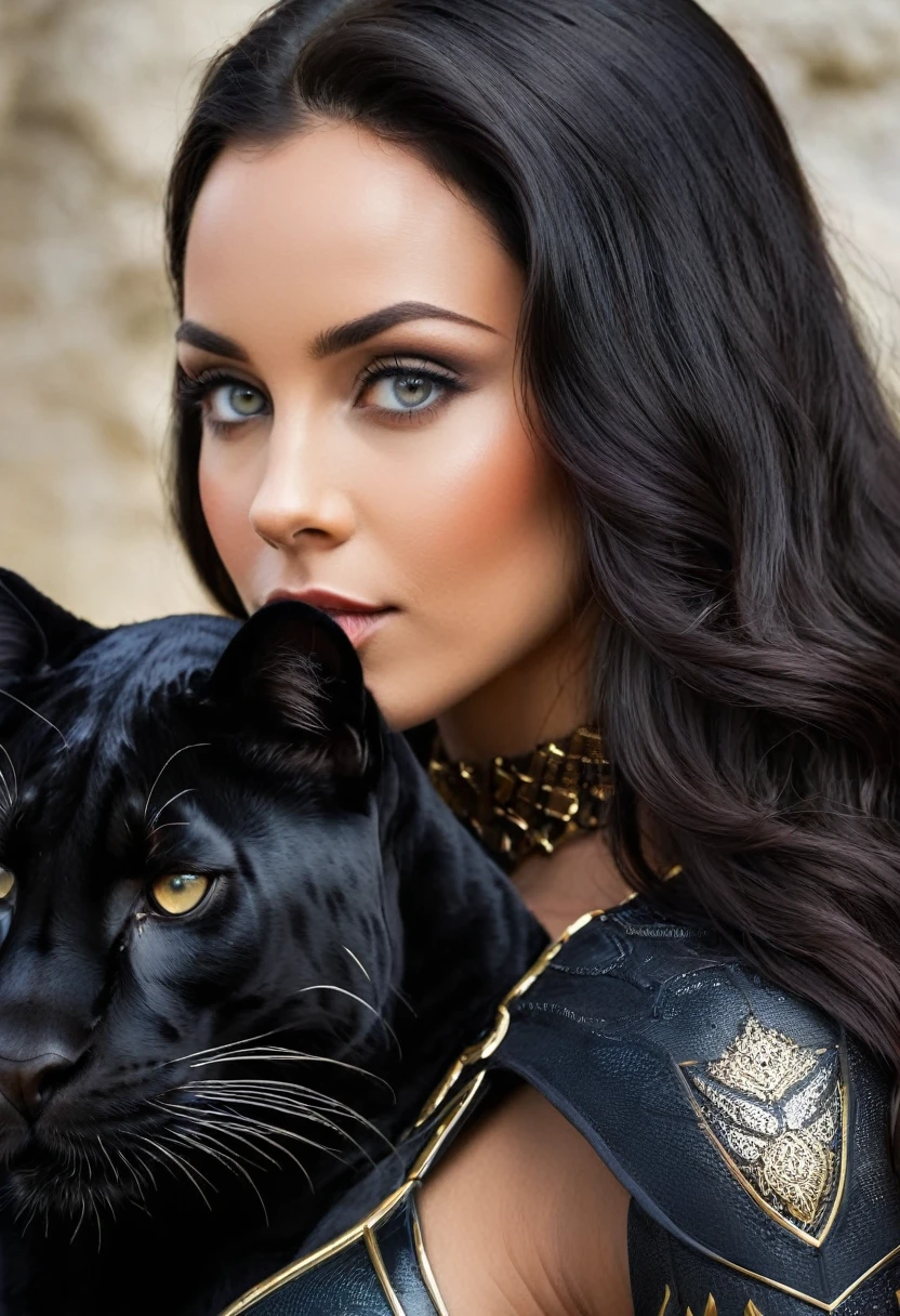 A beautiful woman with dark hair and a black panther.